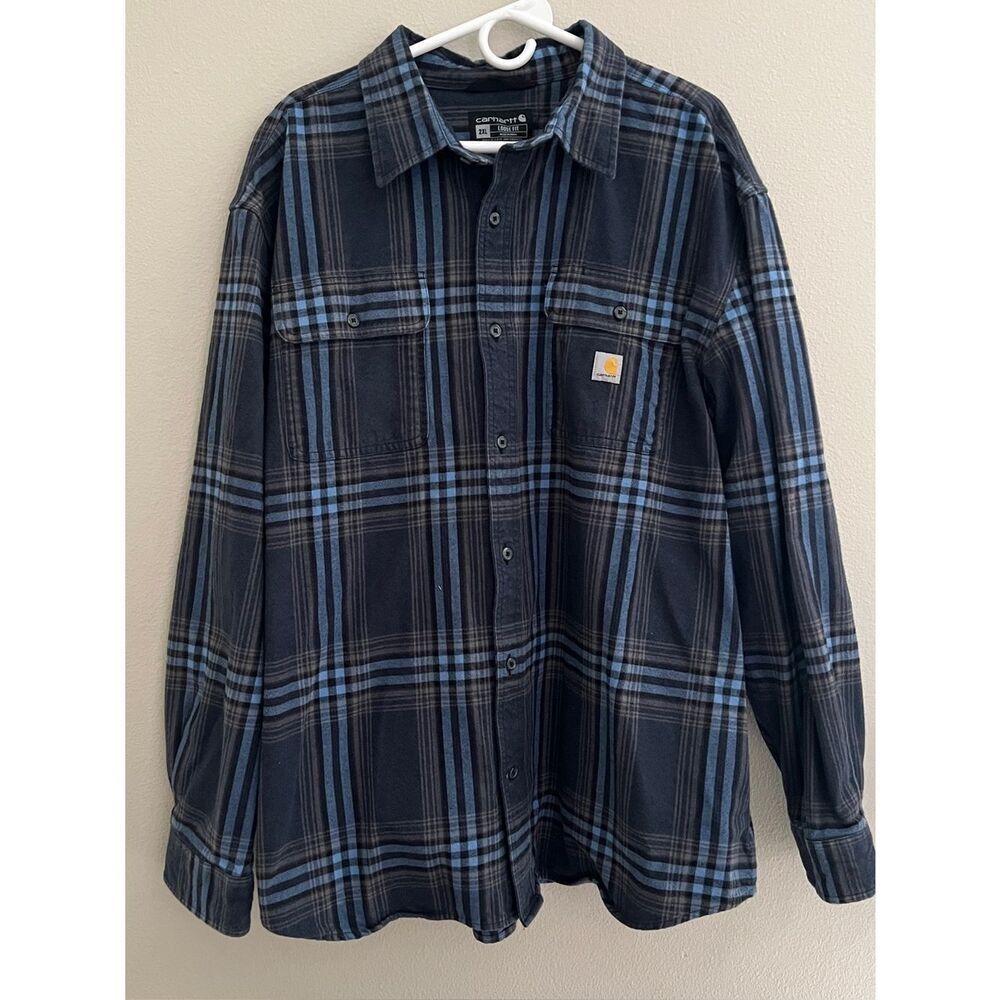 Carhartt Men's Loose Fit Heavyweight Flannel Long-Sleeve Plaid Shirt in Navy 2XL